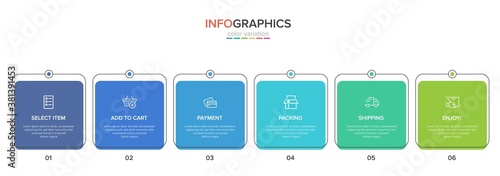 Concept of shopping process with 6 successive steps. Six colorful graphic elements. Timeline design for brochure, presentation, web site. Infographic design layout.