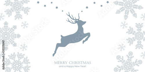 christmas greeting card with jumping deer and snowflake border vector illustration EPS10