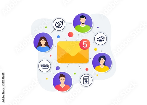 Leaf, Snow weather and Ram icons simple set. Teamwork messages banner. Employee remote work. Download file sign. Ecology, Snowflake, Random-access memory. Load document. Business set. Vector