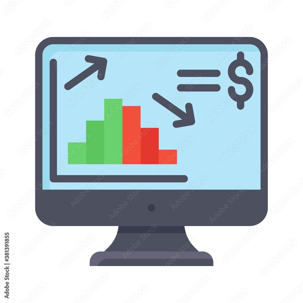 economic recession related graph, computer screen and dollar sign vectors in flat style, economic recession related graph, computer screen and dollar sign vectors in flat style,