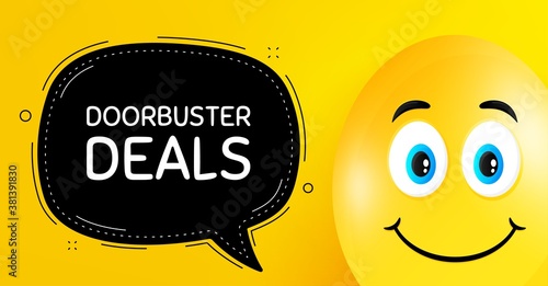 Doorbuster deals. Easter egg with smile face. Special offer price sign. Advertising discounts symbol. Easter smile character. Doorbuster deals black speech bubble. Yellow egg background. Vector