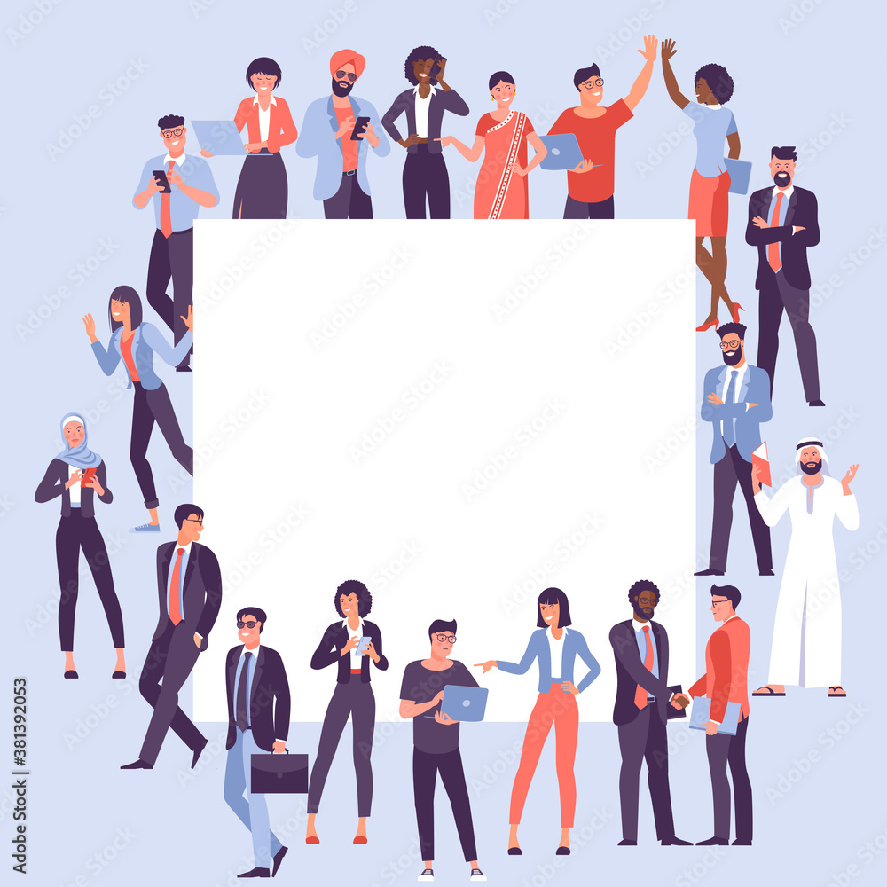 Flat design multicultural society diversity concept of people and blank banner. Crowd of people in community standing together with empty placard. Vector template for poster, banner and mobile app.