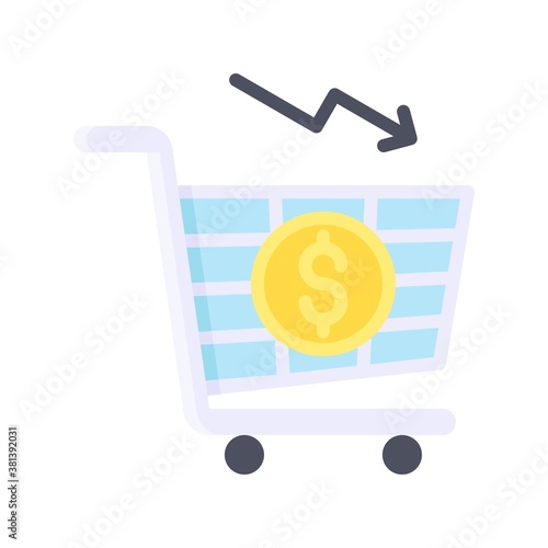 economic recession related dollar penni with shopping trolly and arrow vectors in flat style,