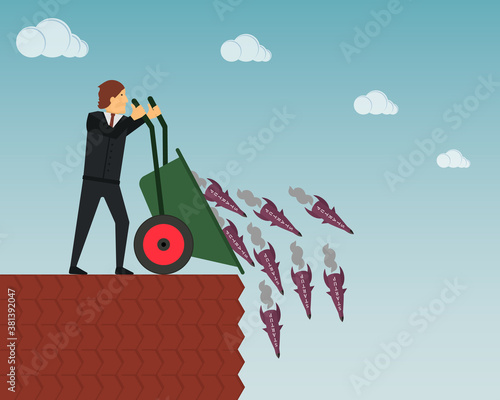 The concept of useless unrealized startups. A businessman throws a lot of rockets into the abyss with the inscription Startup. Vector illustration.