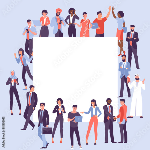 Flat design multicultural society diversity concept of people and blank banner. Crowd of people in community standing together with empty placard. Vector template for poster, banner and mobile app.