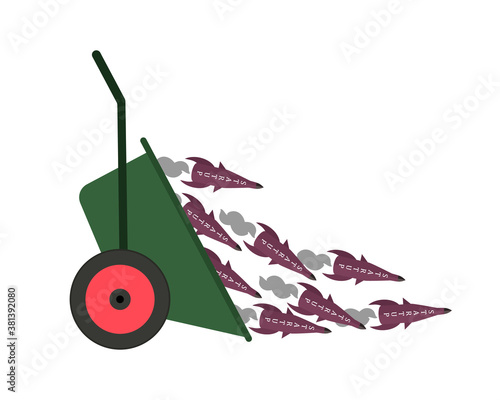 The concept of useless unrealized startups. Many rockets with the inscription startup were thrown from the garden wheelbarrow. Vector illustration.