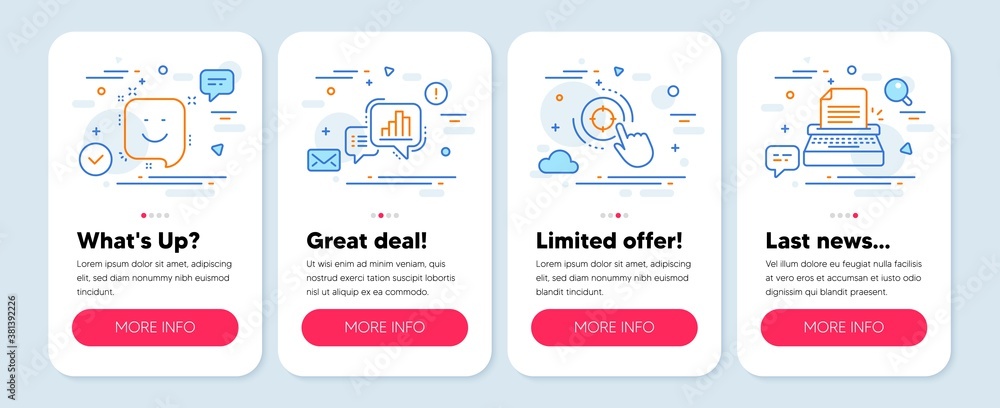 Set of Technology icons, such as Smile, Seo target, Graph chart symbols. Mobile app mockup banners. Typewriter line icons. Positive feedback, Click aim, Growth report. Writer machine. Vector