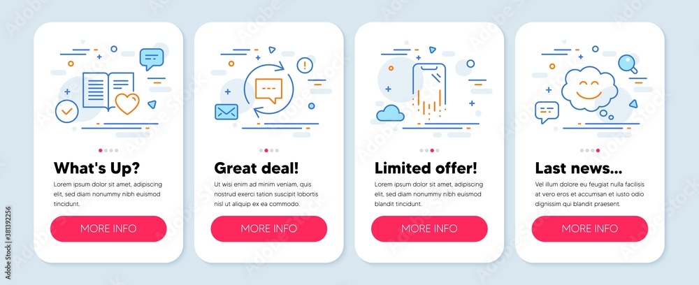 Set of Technology icons, such as Smartphone recovery, Update comments, Love book symbols. Mobile app mockup banners. Smile chat line icons. Phone repair, Chat speech bubble, Customer feedback. Vector Set of Technology icons, such as Smartphone recovery, Update comments, Love book symbols. Mobile app mockup banners. Smile chat line icons. Phone repair, Chat speech bubble, Customer feedback. Vector