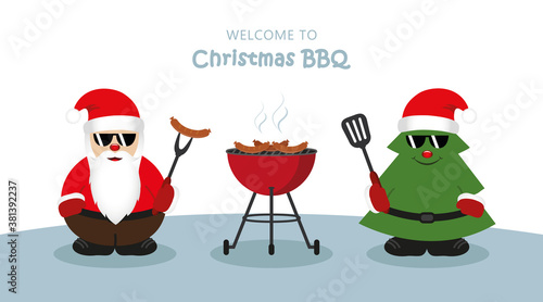 cute santa claus and fir tree with sunglasses at christmas bbq vector illustration EPS10