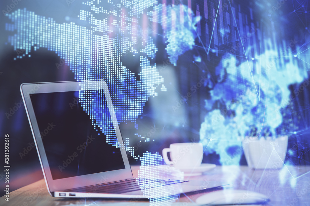 Forex Chart hologram on table with computer background. Double exposure. Concept of financial markets. Forex Chart hologram on table with computer background. Double exposure. Concept of financial markets.