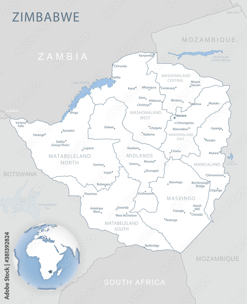 Blue-gray detailed map of Zimbabwe administrative divisions and location on the globe.