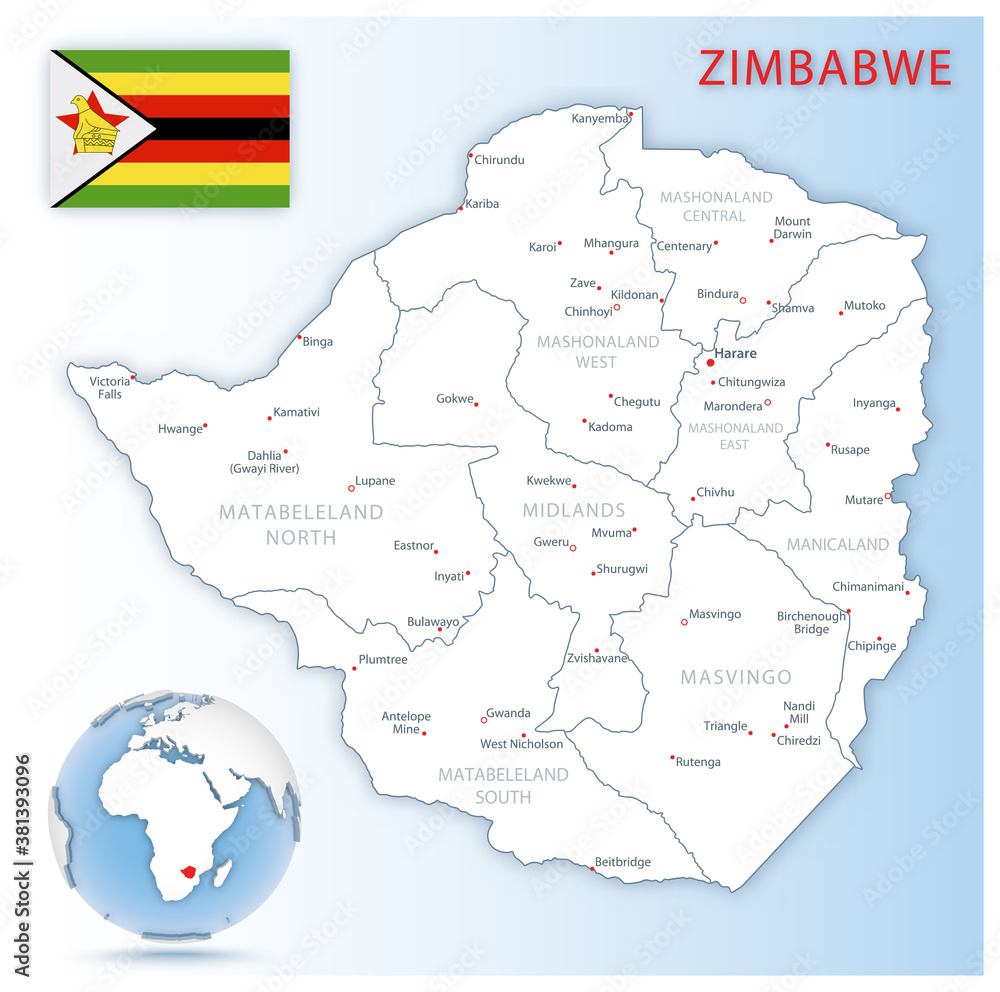 Detailed Zimbabwe administrative map with country flag and location on a blue globe.