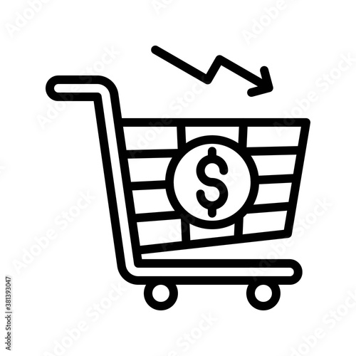 economic recession related dollar penni with shopping trolly and arrow vectors in lineal style,