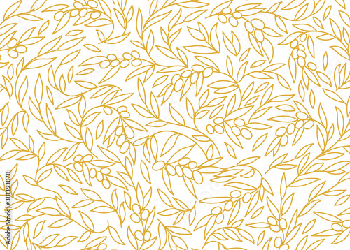 Olive Tree pattern. Olive-tree oil wrapper background. Golden color. Foliage leaves line contour. Vector Illustration.