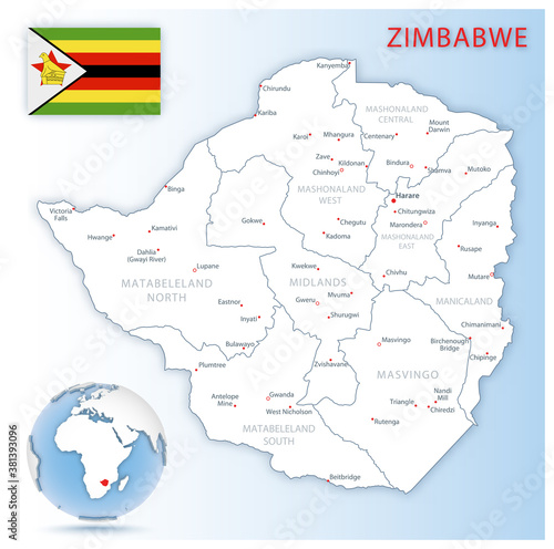 Fototapeta Naklejka Na Ścianę i Meble -  Detailed Zimbabwe administrative map with country flag and location on a blue globe.
