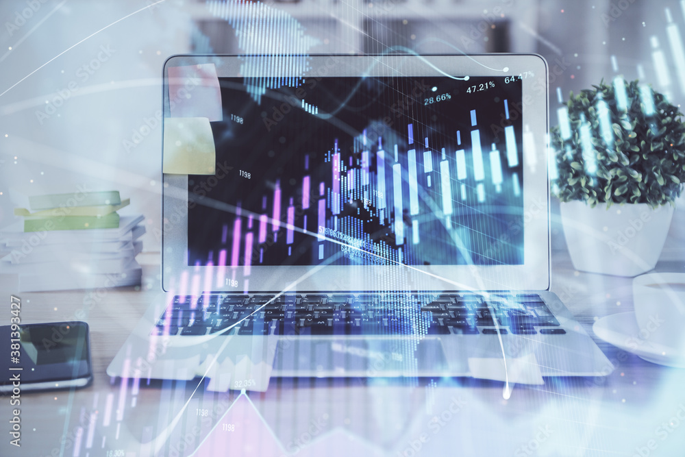 Stock market graph and table with computer background. Multi exposure. Concept of financial analysis. Stock market graph and table with computer background. Multi exposure. Concept of financial analysis.