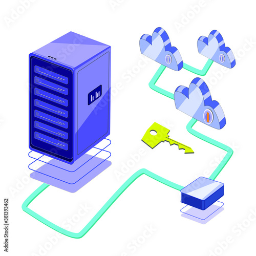 data server, data mining and big storage, data security and safety, cloud service and maintenance vector illustration