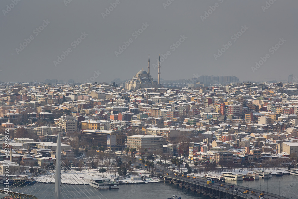 View of Istanbul and Golden Horn in winter, Turkey.