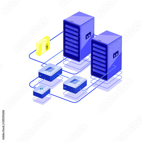 data server, data mining and big storage, data security and safety, cloud service and maintenance vector illustration