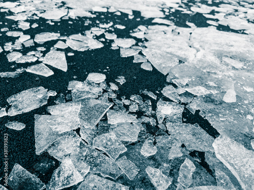 Broken ice on the ground as a background.