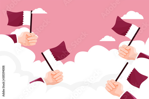 background qatar national day with hand holding flag in sky - style flat design