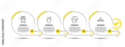 Shopping trolley, Dry t-shirt and Clean t-shirt line icons set. Timeline process infograph. Cloakroom sign. Sale gift, Laundry shirt, Hanger wardrobe. Fashion set. Infographics timeline banner. Vector