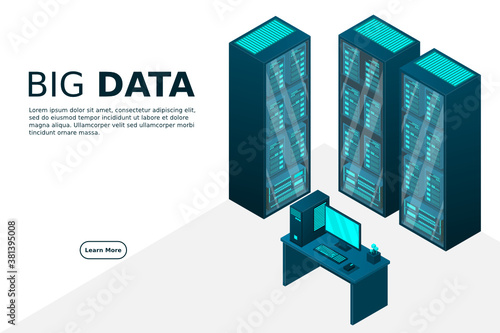 Web hosting and big data processing, server room rack. Concept of data center isometric.