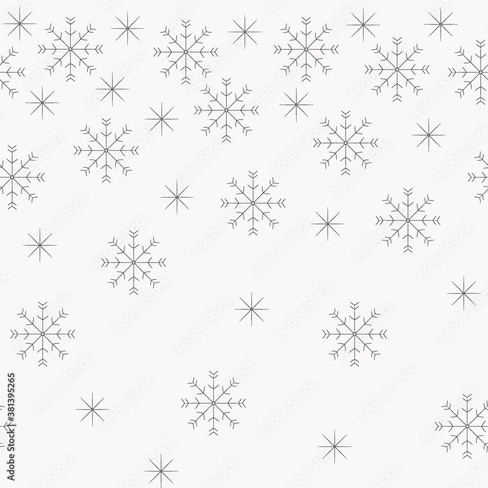 Snowflakes seamless pattern one side line border. Winter christmas snowfall background for textile wrapper christmas banner. Stock vector hand drawn illustration isolated on white background. Snowflakes seamless pattern one side line border. Winter christmas snowfall background for textile wrapper christmas banner. Stock vector hand drawn illustration isolated on white background.