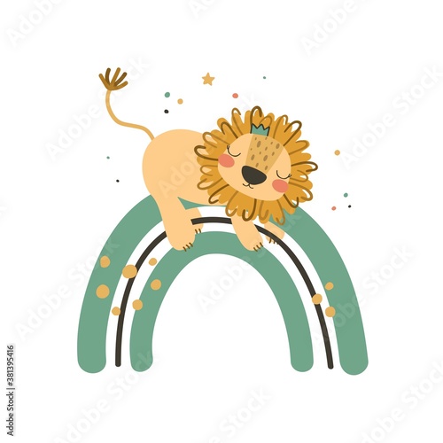 Cute baby lion on rainbow. Use this clipart to create baby shower invites, nursery art, birthday decor, greeting cards, children's clothing. Vector illustration.