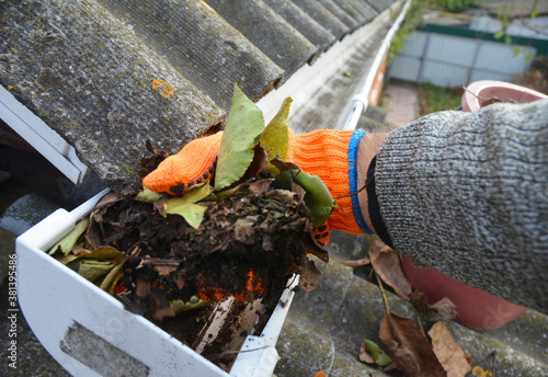 A man is cleaning a clogged roof gutter from dirt, debris and fallen leaves to prevent water damage and let rainwater drain properly. photo