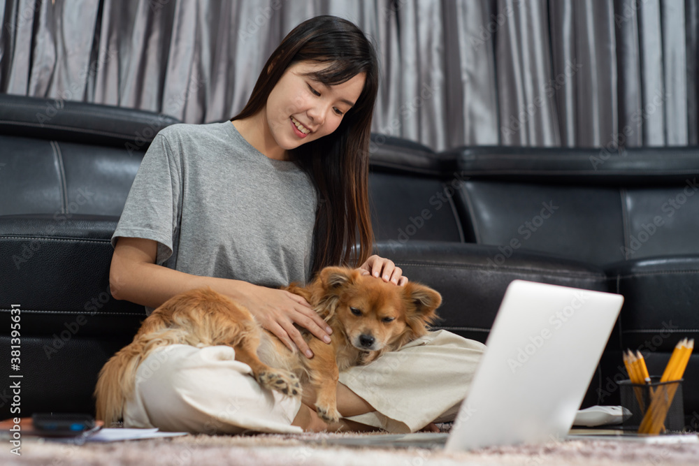 beautiful young asian woman working remotely from home and smiling while lying, has good relationships with with a funny assistant dog pet, home work pets concept. beautiful young asian woman working remotely from home and smiling while lying, has good relationships with with a funny assistant dog pet, home work pets concept.