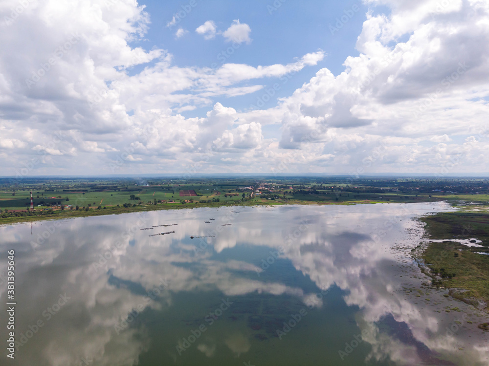 Drone shot aerial view scenic landscape of river reservoir dam and the forest Drone shot aerial view scenic landscape of river reservoir dam and the forest