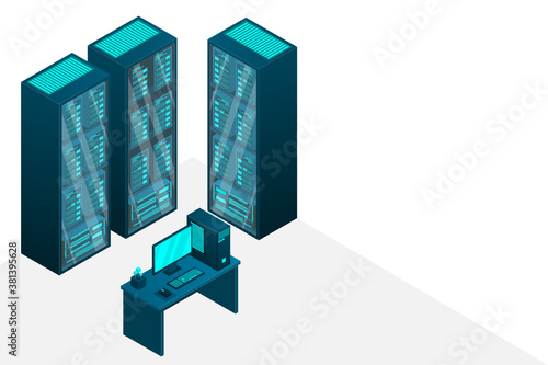 Web hosting and big data processing, server room rack. Concept of data center isometric.