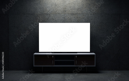 TV blank screen on tv stand. 3d render