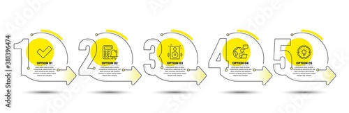 Calculator alarm, Tick and Speakers line icons set. Timeline process infograph. Idea sign. Accounting, Confirm check, Sound. Solution. Education set. Infographics timeline template. Vector