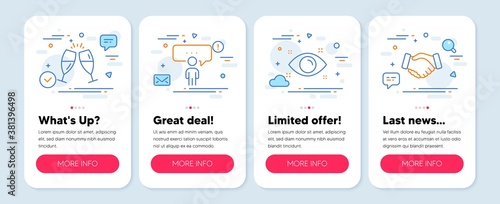 Set of People icons, such as Health eye, Consulting business, Champagne glasses symbols. Mobile screen app banners. Handshake line icons. Optometry, Conference, Chin-chin. Deal hand. Vector