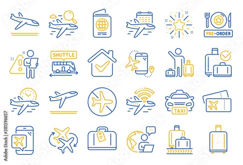 Airport line icons. Boarding pass, Baggage claim, Arrival and Departure. Connecting flight, tickets, pre-order food icons. Passport control, airport baggage carousel, inflight wifi. Vector