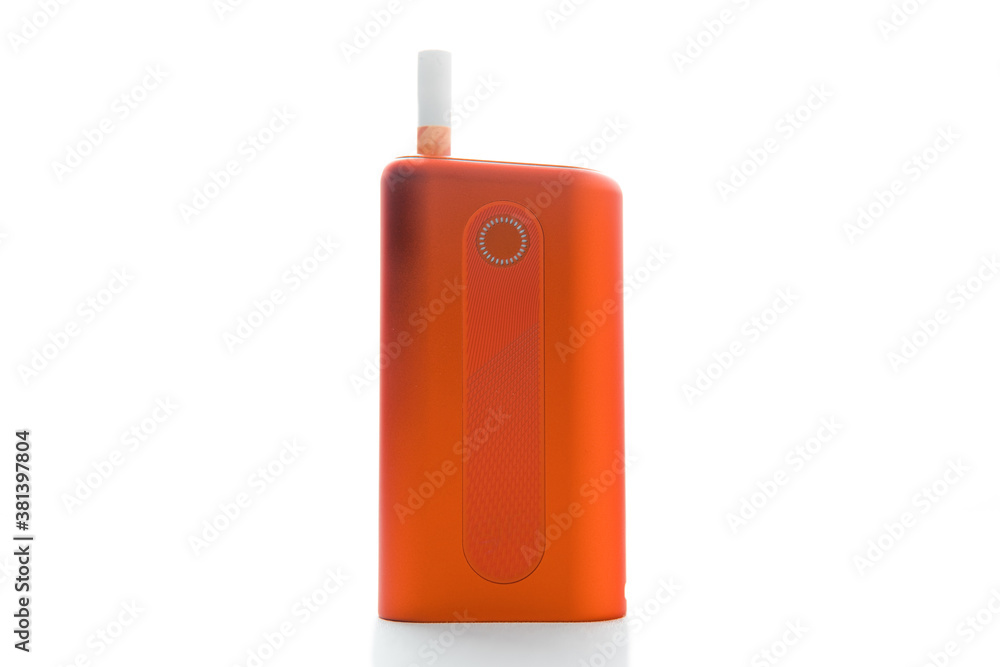 Heat-not-burn product with a stick on white background. Alternative smoking concept. Heat-not-burn product with a stick on white background. Alternative smoking concept.