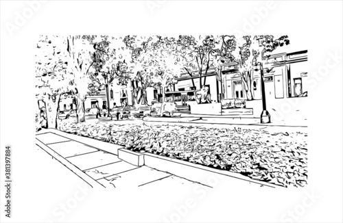 Building view with landmark of Bayamo is the capital city of the Granma Province of Cuba. Hand drawn sketch illustration in vector.