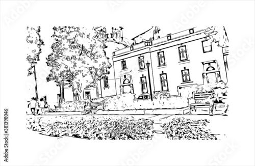 Building view with landmark of Bayamo is the capital city of the Granma Province of Cuba. Hand drawn sketch illustration in vector.