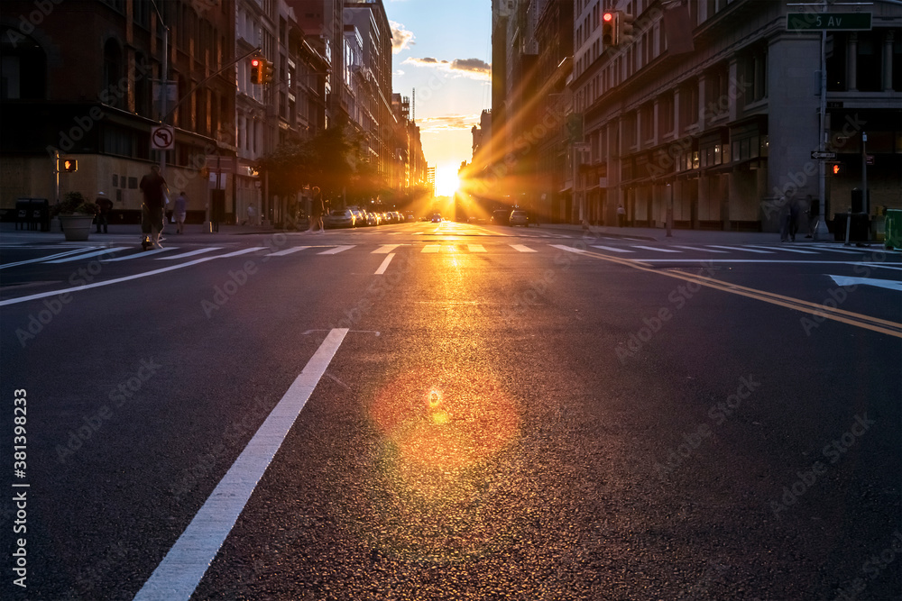 Sunset shines over the New York City streets during the coronavirus lockdown in Midtown Manhattan,  2020