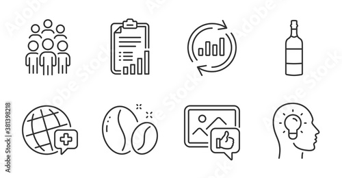 Like photo, Brandy bottle and Group people line icons set. Coffee beans, World medicine and Checklist signs. Idea head, Update data symbols. Thumbs up, Whiskey, Business meeting. Vector