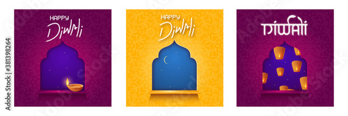 Set poster for Indian festival Diwali with diya oil lamp, sky lanterns and night sky with moon in window