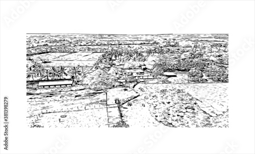 Building view with landmark of Bayamo is the capital city of the Granma Province of Cuba. Hand drawn sketch illustration in vector.