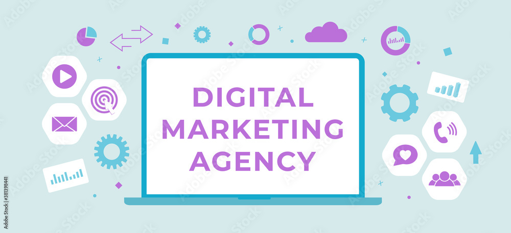 Digital Marketing Agency flat vector banner business concept. Digital media advertising campaign illustration with different marketing strategy icons. Digital Marketing Agency flat vector banner business concept. Digital media advertising campaign illustration with different marketing strategy icons.