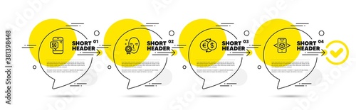 Face verified, 5g phone and Money exchange line icons set. Timeline infograph speech bubbles. Augmented reality sign. Access granted, Wifi internet, Eur to usd. Phone simulation. Business set. Vector