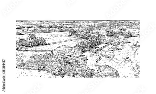 Building view with landmark of Bayamo is the capital city of the Granma Province of Cuba. Hand drawn sketch illustration in vector.