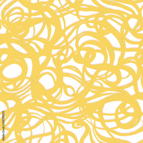 Abstract delicious noodle food pattern, doodle brush pen swirly line design. Vector background. Seamless irregular yellow curl pattern on white background. Appropriate for modern food products