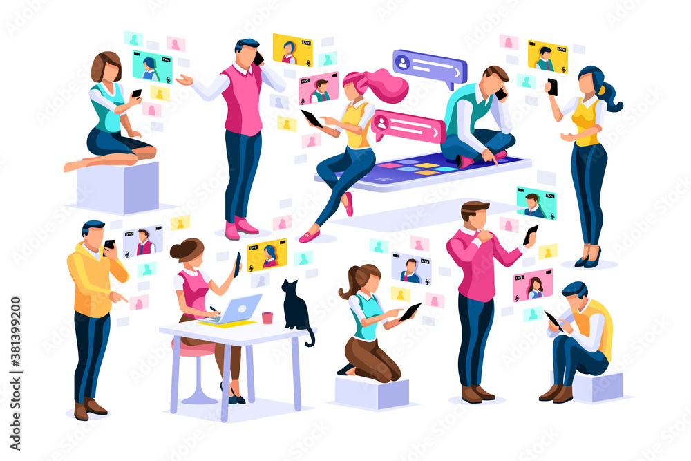 Social media, young girls chatting on female smartphones talking on video or social photos. Character app, photo and video on smartphone. Chat media group concept cartoon characters collection vector.