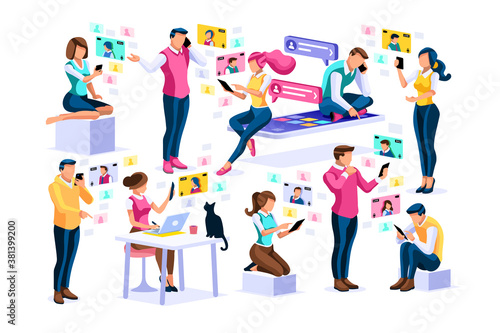 Social media, young girls chatting on female smartphones talking on video or social photos. Character app, photo and video on smartphone. Chat media group concept cartoon characters collection vector.